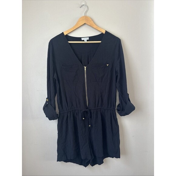 GUESS Pants - GUESS Women’s Black Romper Size M Rolled Sleeve Gold Zip Front One Piece